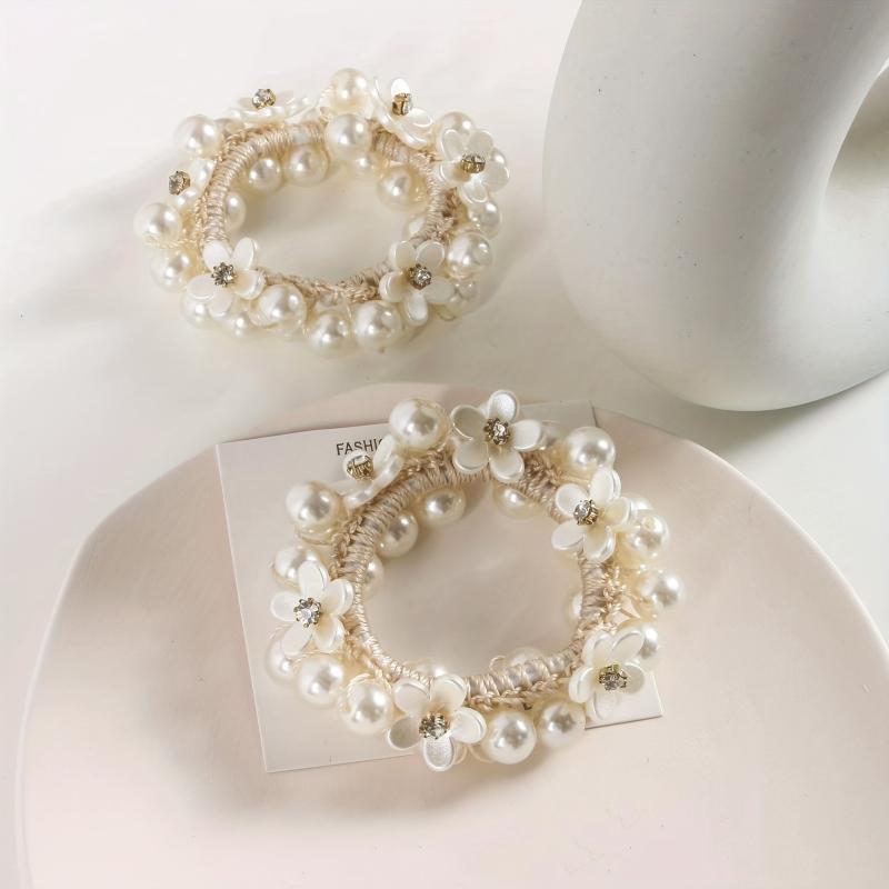 Faux Pearl Beaded Hair Tie Floral Hair Rope Ponytail Hair Ring