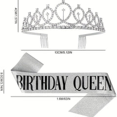 2pcs Golden Crown & Satin Sash Crystal Women Kids Birthday Deco