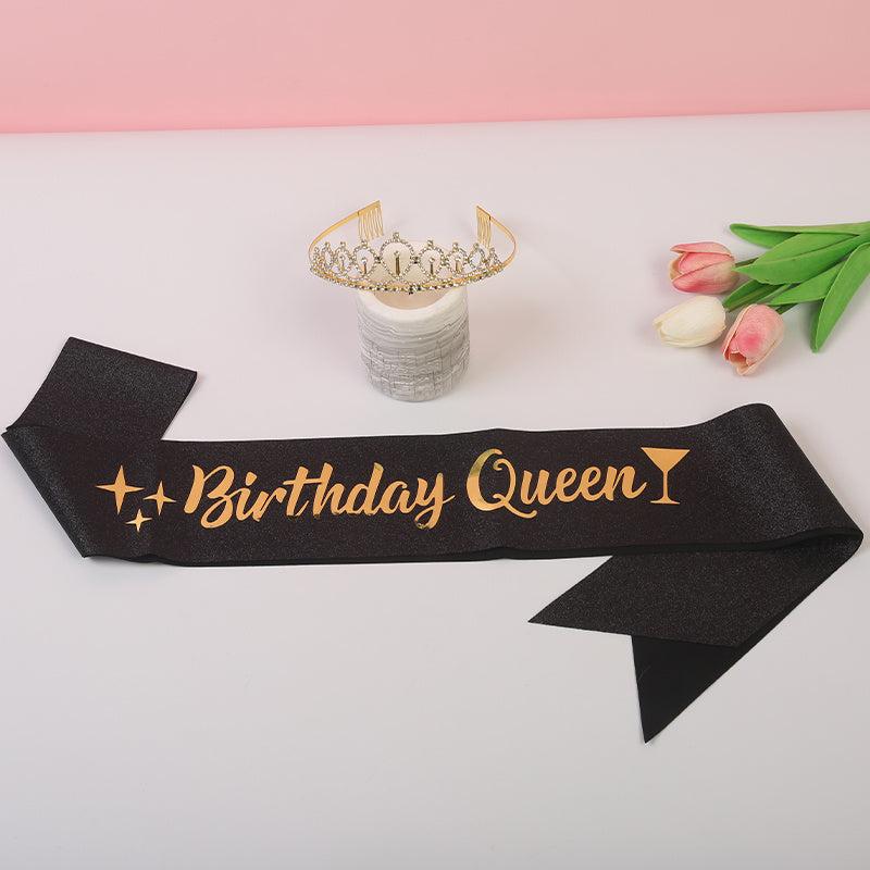 2pcs Golden Crown & Satin Sash Crystal Women Kids Birthday Deco