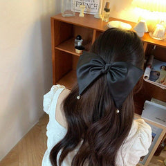 Large Satin Bow Hair Clip With Faux Pearl Tassel Style Barrette