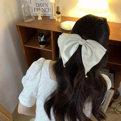 Large Satin Bow Hair Clip With Faux Pearl Tassel Style Barrette