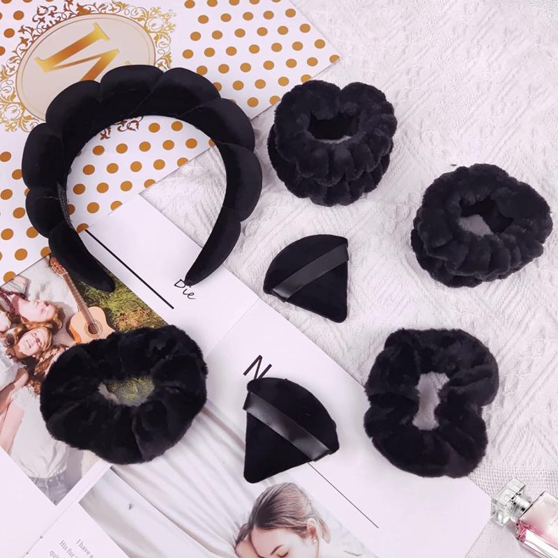 7pcs Soft Hair Accessories For Spa Puffy Headband Comfy Scrunchies Wristband