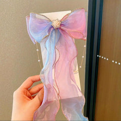 Colorful Bow Ribbon Hair Clip With Faux Pearl Tassel