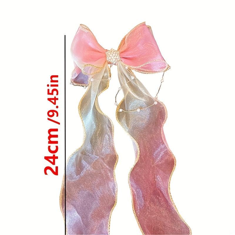 Colorful Bow Ribbon Hair Clip With Faux Pearl Tassel