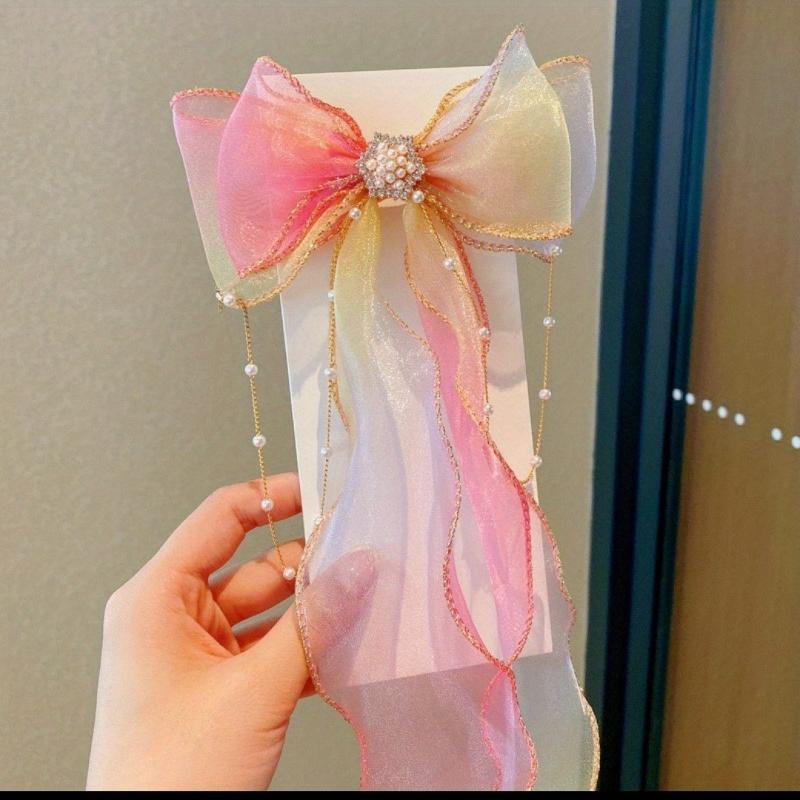 Colorful Bow Ribbon Hair Clip With Faux Pearl Tassel