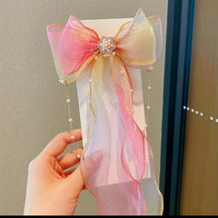 Colorful Bow Ribbon Hair Clip With Faux Pearl Tassel
