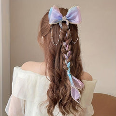 Colorful Bow Ribbon Hair Clip With Faux Pearl Tassel