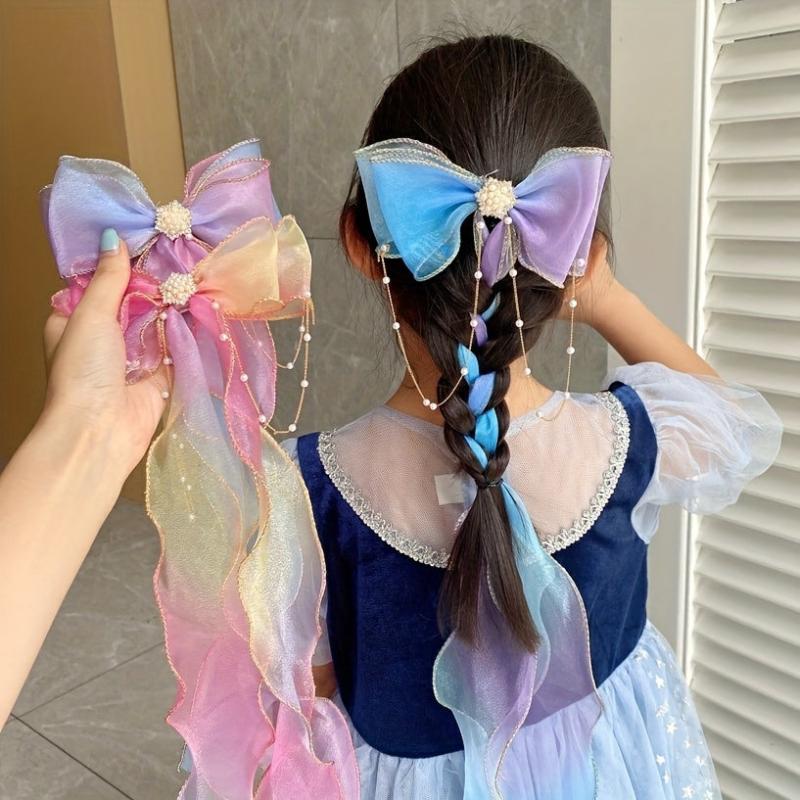 Colorful Bow Ribbon Hair Clip With Faux Pearl Tassel