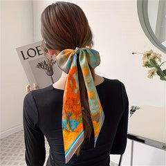 Vintage Printed Silky Scarf Hair Ribbon Long Bow Ribbon Braided Hair Rope