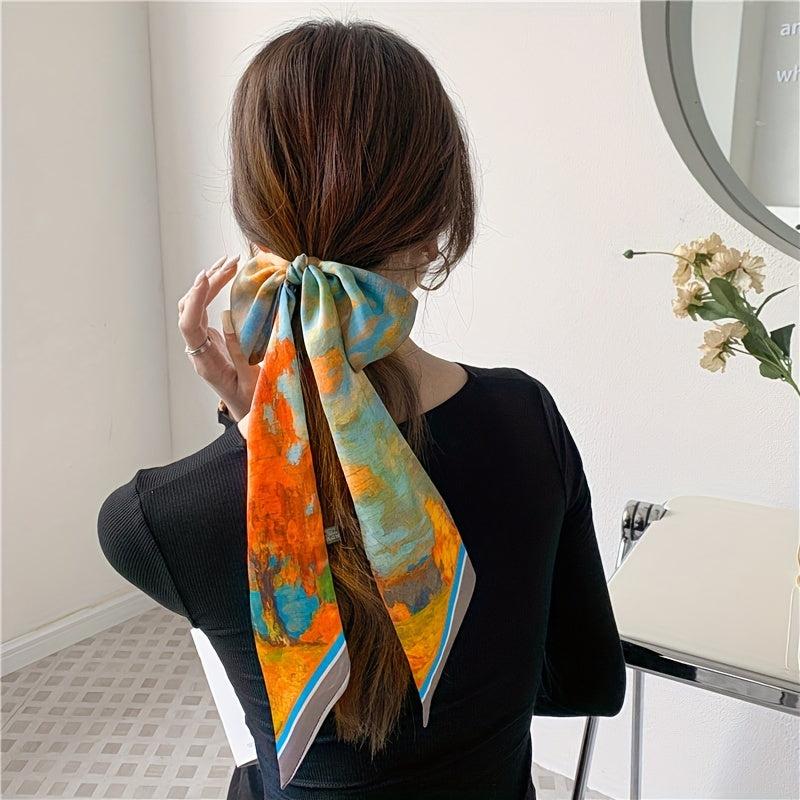Vintage Printed Silky Scarf Hair Ribbon Long Bow Ribbon Braided Hair Rope