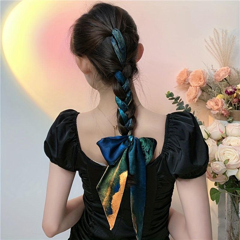 Vintage Printed Silky Scarf Hair Ribbon Long Bow Ribbon Braided Hair Rope