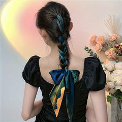 Vintage Printed Silky Scarf Hair Ribbon Long Bow Ribbon Braided Hair Rope
