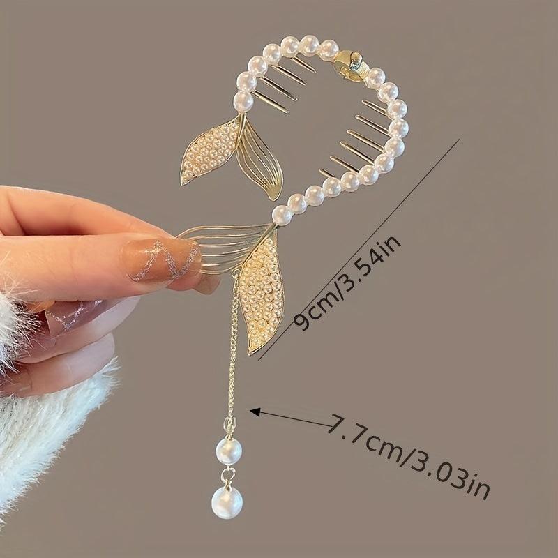 Rhinestone Faux Pearl Banana Clip Hair Accessory with Tassel