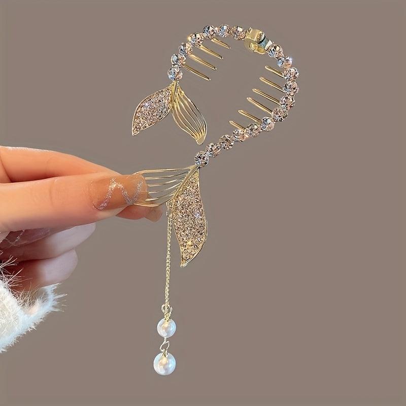 Rhinestone Faux Pearl Banana Clip Hair Accessory with Tassel