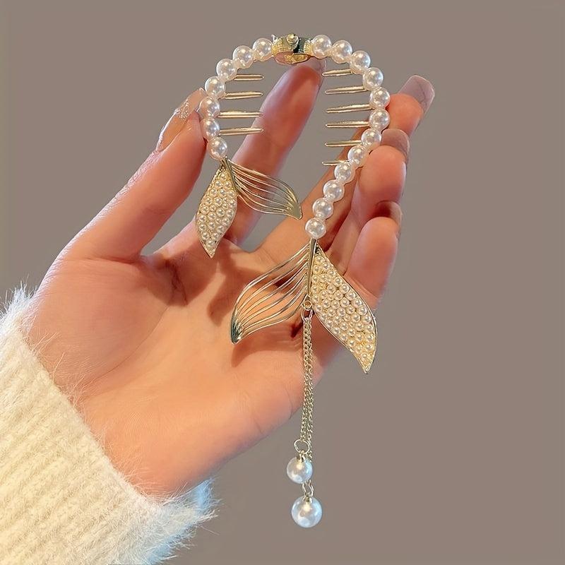 Rhinestone Faux Pearl Banana Clip Hair Accessory with Tassel