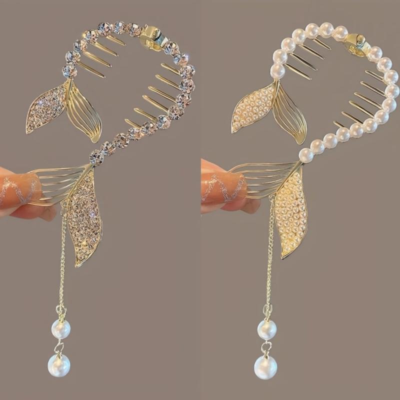Rhinestone Faux Pearl Banana Clip Hair Accessory with Tassel