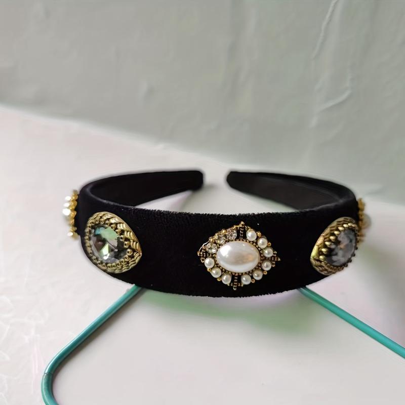 Baroque Rhinestone Faux Pearl Headband Wide Velvet Hair Band