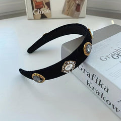 Baroque Rhinestone Faux Pearl Headband Wide Velvet Hair Band