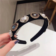 Baroque Rhinestone Faux Pearl Headband Wide Velvet Hair Band
