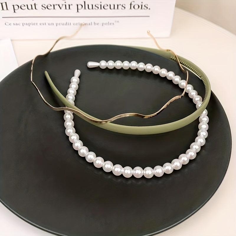 3pcs Faux Pearl Decor Headband Set, Matte Headdress Metal Hair Accessories