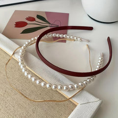 3pcs Faux Pearl Decor Headband Set, Matte Headdress Metal Hair Accessories