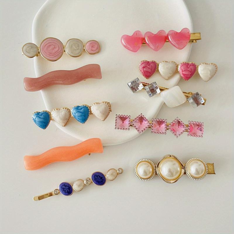 10pcs Colorful Heart Wavy Hair Clip Crystal Duck Billed Clip for Side Hair Bang