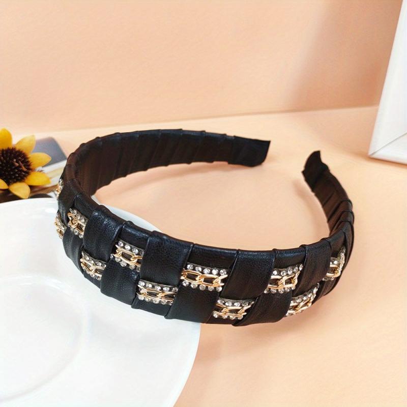 Rhinestone PU Leather Headband Wide Brim Headdress For Women