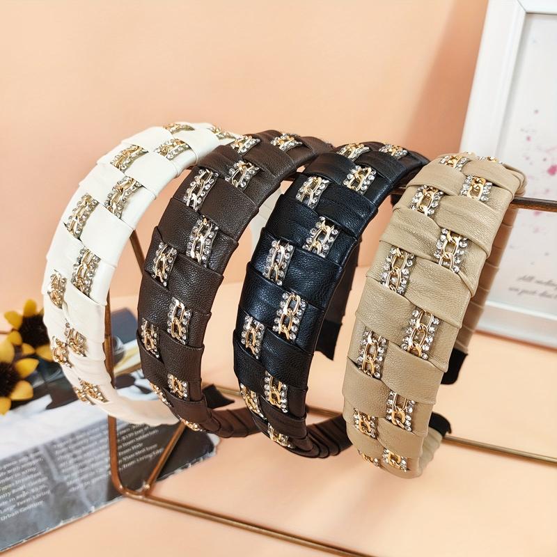 Rhinestone PU Leather Headband Wide Brim Headdress For Women