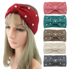 Faux Pearl Cross Knot Knitted Headband Elastic Winter Hair Accessory