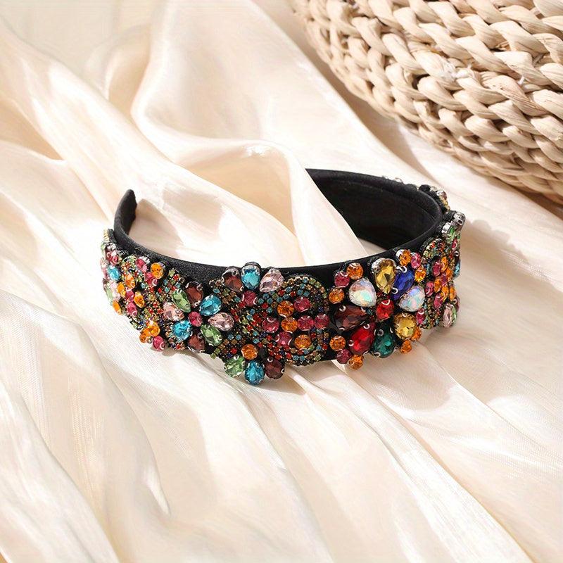 Crystal Vintage Headband Wide Brim Thicken Head Hoop Crystal Flower Hair Band