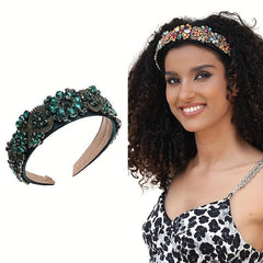 Crystal Vintage Headband Wide Brim Thicken Head Hoop Crystal Flower Hair Band