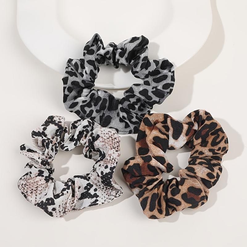 3pcs Satin Leopard Pattern Scrunchies Hair Tie Solid Ponytail Holder