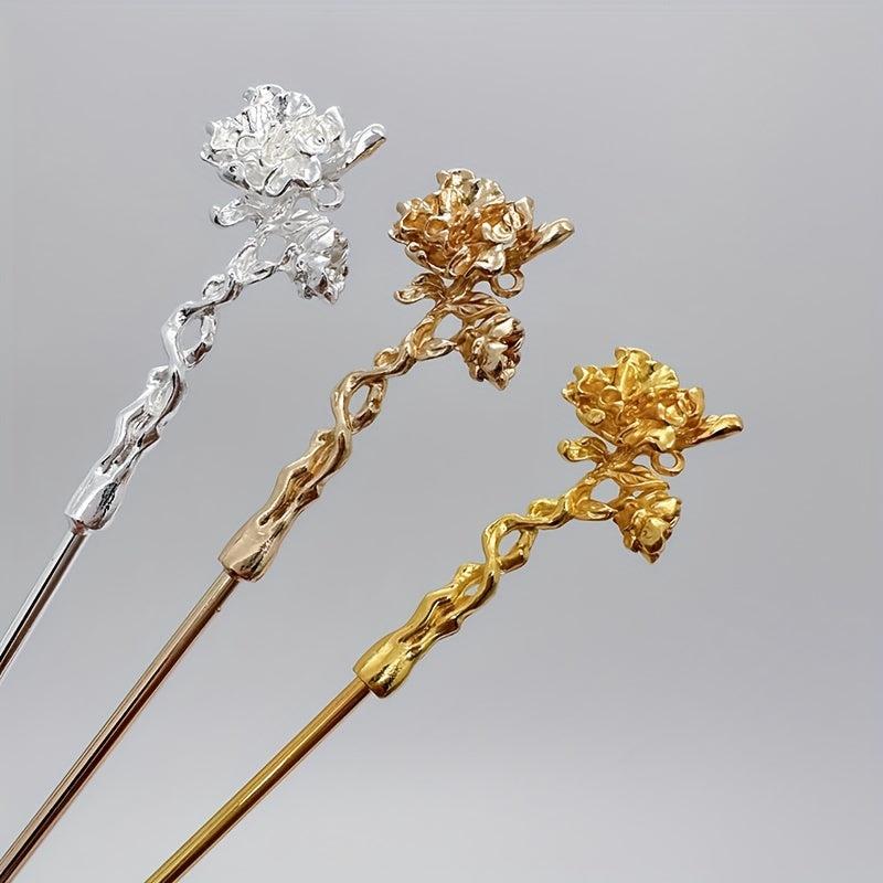 Camellia Flower Hair Pin Retro Hair Stick Metal Hair Bun Maker
