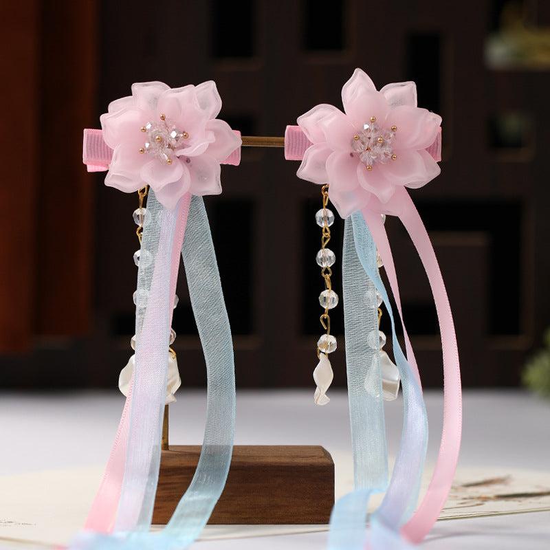 Vintage Pink Flower Streamer Hair Clip Cheongsam Hair Accessory