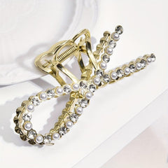 Rhinestone Pearl Bow Hair Claw Clip Golden Non Slip Strong Grip Hair Jaw Clip
