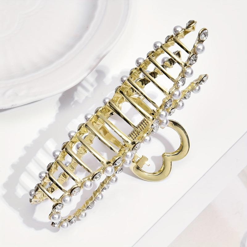 Rhinestone Pearl Bow Hair Claw Clip Golden Non Slip Strong Grip Hair Jaw Clip