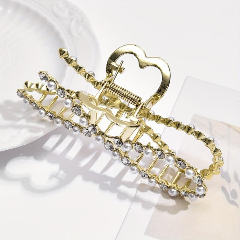 Rhinestone Pearl Bow Hair Claw Clip Golden Non Slip Strong Grip Hair Jaw Clip