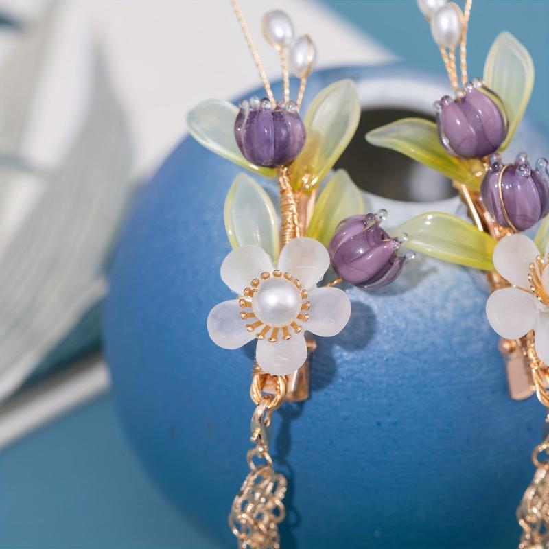 Purple Lily Flowers Hair Clip with Tassel - Ancient Style Hair Accessory