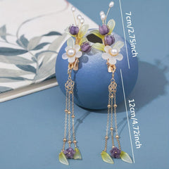 Purple Lily Flowers Hair Clip with Tassel - Ancient Style Hair Accessory