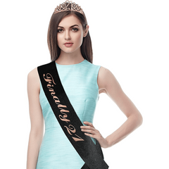 21st Birthday Crown & Sash Set - Rhinestone Tiara & Glitter Lettered Ribbon