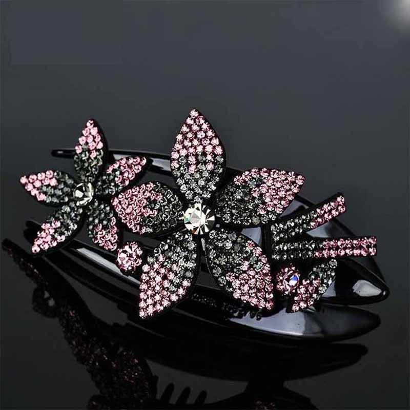 Flower Leaf Decor Hair Clip Anti Slip Rhinestone Duck Billed Clip