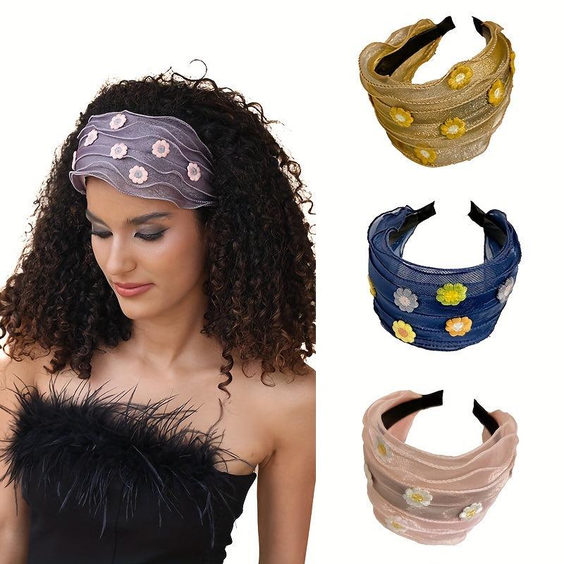 Flower Embroidery Headband Inlay Mesh Hair Band Wide Brimmed Sweet Headdress
