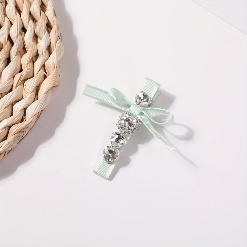 Rhinestone Ribbon Bow Hair Clip for Women Girls