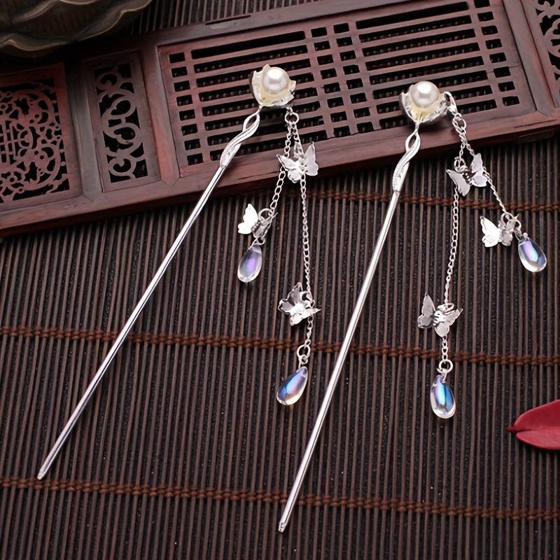 Butterfly Tassel Hair Pin Faux Pearl Hair Stick Metal Hair Bun Maker Women Girls