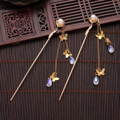 Butterfly Tassel Hair Pin Faux Pearl Hair Stick Metal Hair Bun Maker Women Girls
