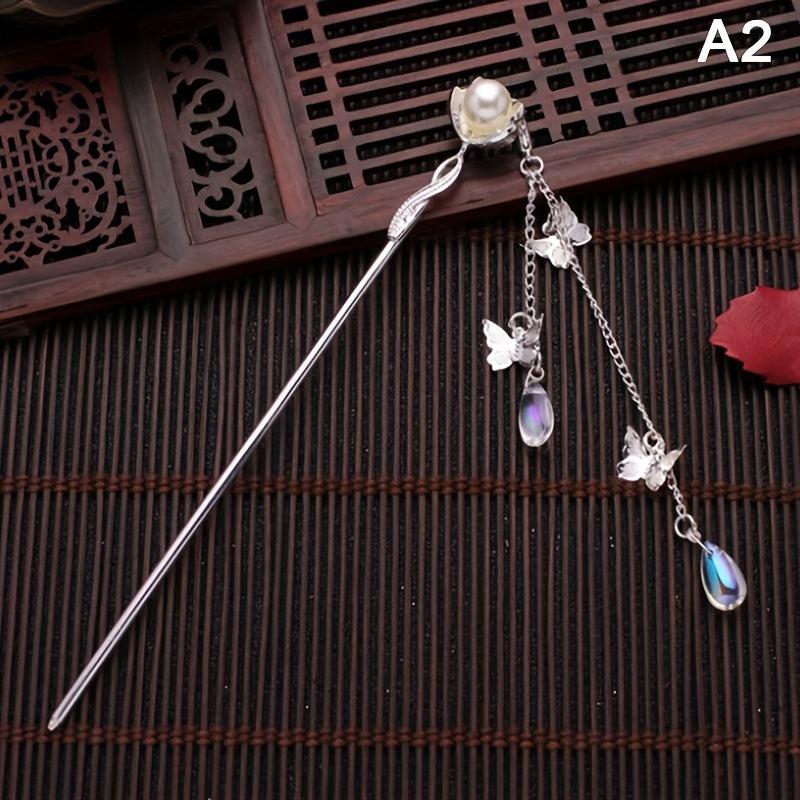 Butterfly Tassel Hair Pin Faux Pearl Hair Stick Metal Hair Bun Maker Women Girls