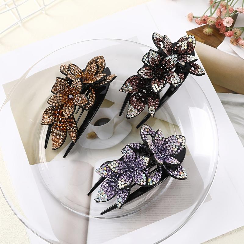 Rhinestone Double Flower Hair Clip Hair Ornament Women Hair Claw