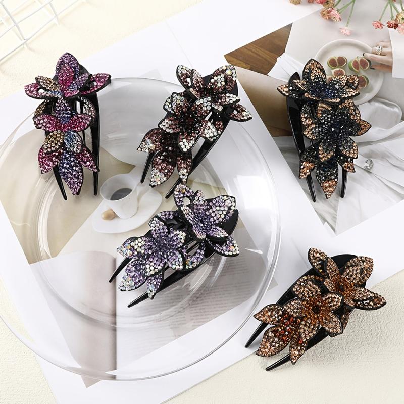Rhinestone Double Flower Hair Clip Hair Ornament Women Hair Claw