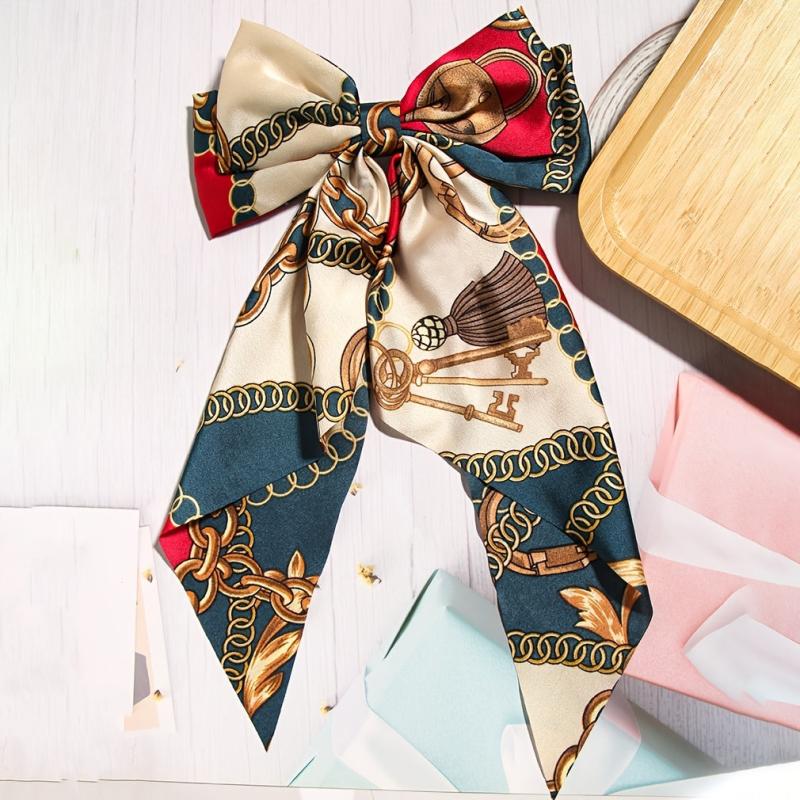 Chain Print Bowknot Hair Scarf Scrunchies Hair Tie Elastic Hair Scrunchy