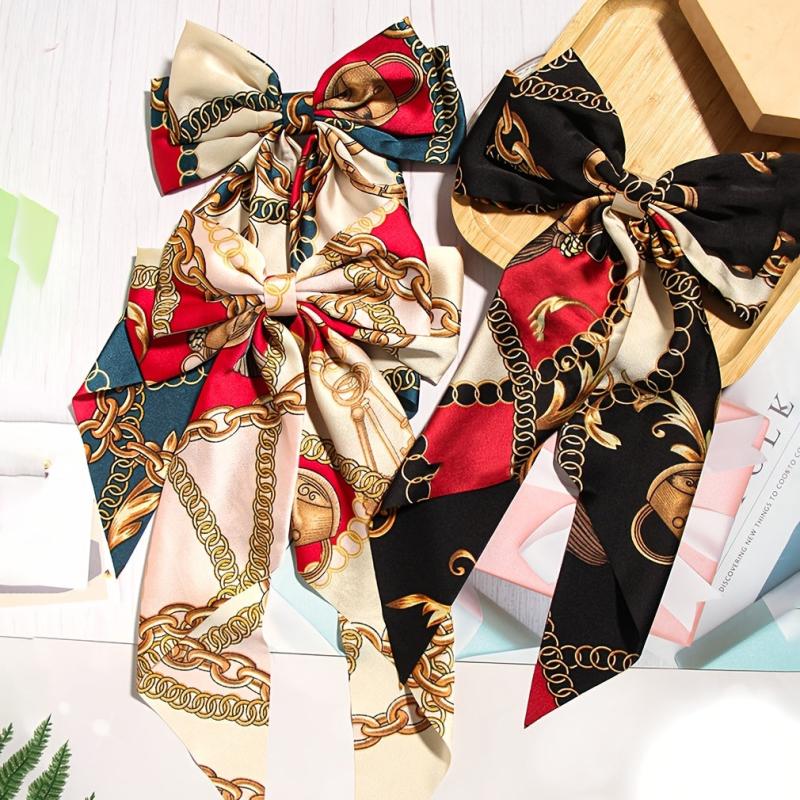 Chain Print Bowknot Hair Scarf Scrunchies Hair Tie Elastic Hair Scrunchy